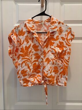 Christian Siriano Orange Floral Tie-Front Blouse